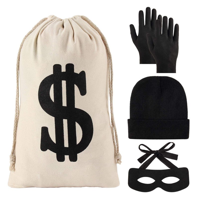 YAROMO 4 Pieces Robber Costume Set  Include Canvas Dollar Sign Money Bags Bandit Eye Mask Knit Beanie Cap for Halloween Cosplay Burglar Theme Party - Image 1